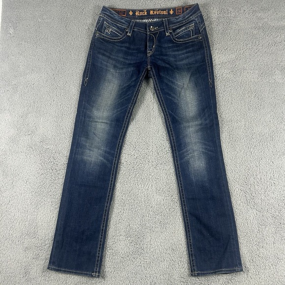 Rock Revival Women's 28 Pat Straight Rhinestone Embellish Jeans Dark Wash Buckle - Picture 2 of 11